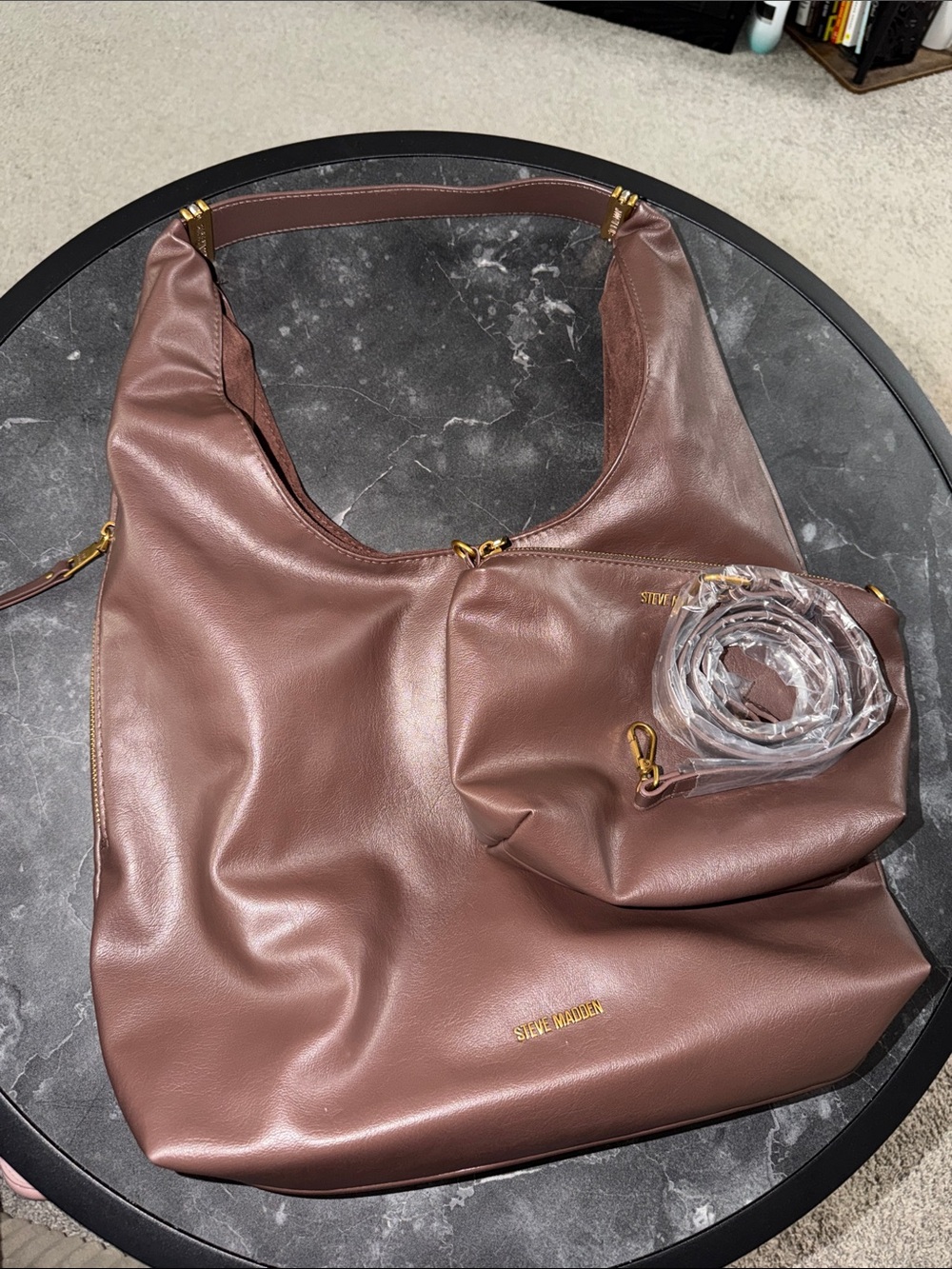 Steve Madden Brown Leather-Look Shoulder Hobo with Pouch